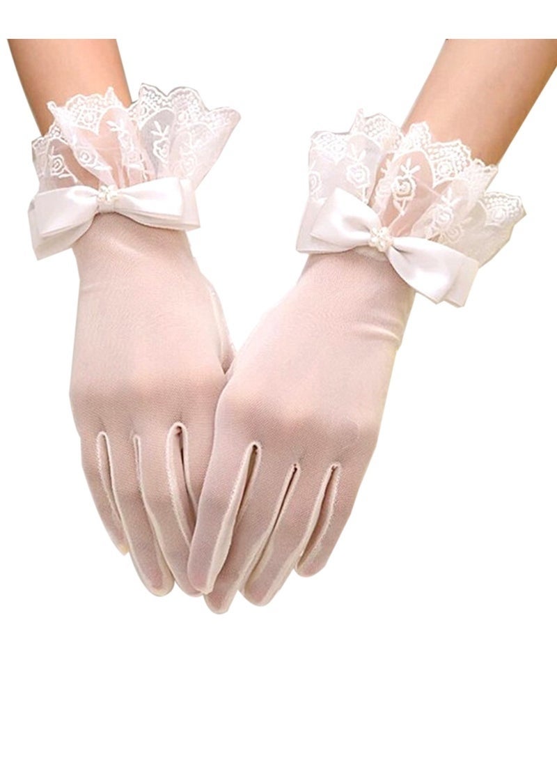 Women's Bridal Floral Short Lace Gloves, Women Wrist Length Gloves for Wedding Party - Image 1